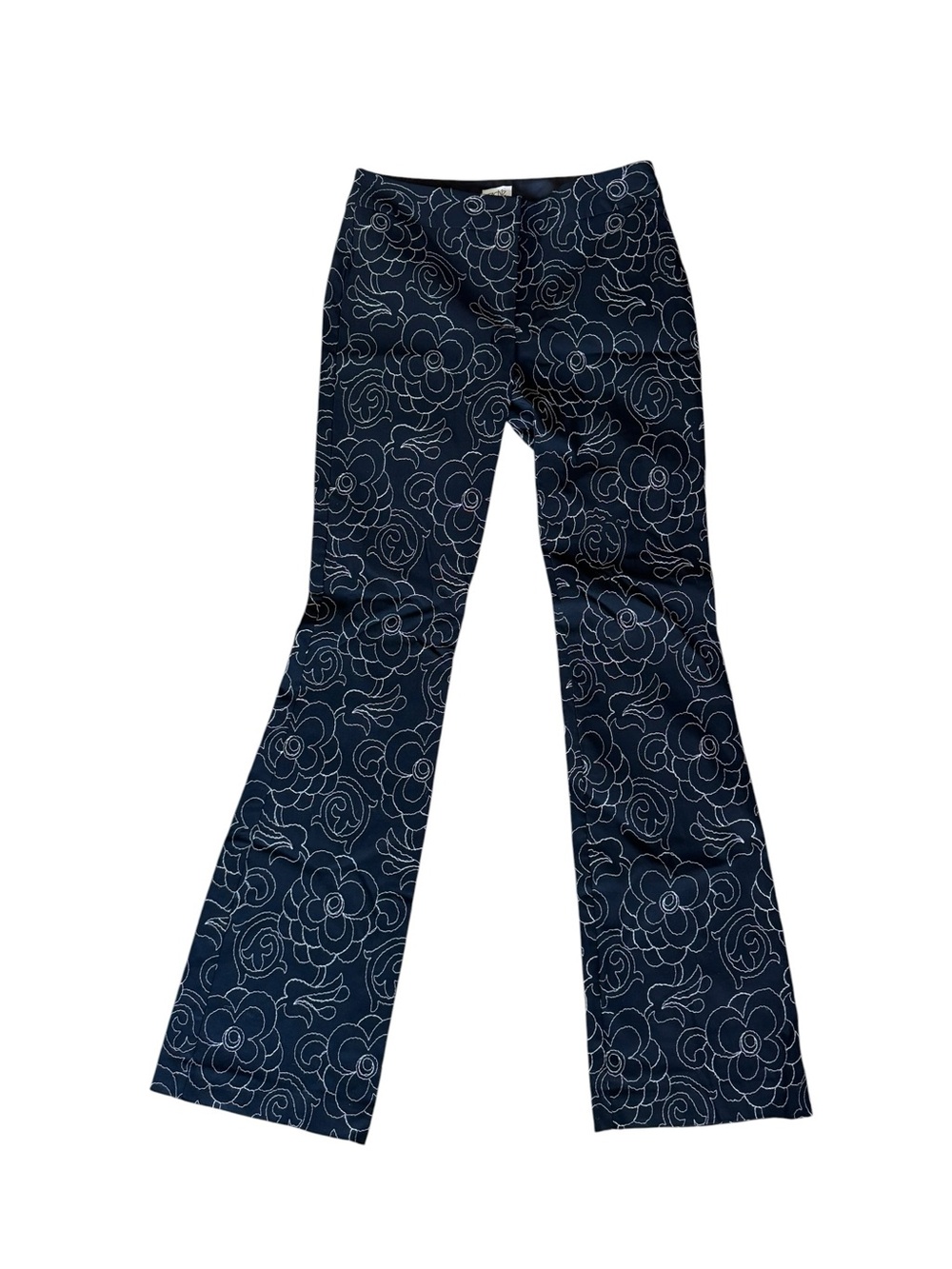 Y2k Caché Navy Blue Embroidered Boot Cut Pants Cream Stitching size 2